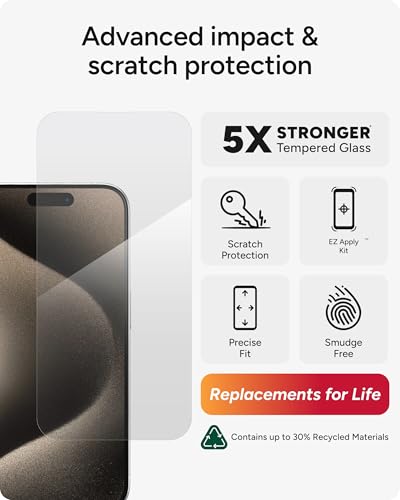 ZAGG Glass Elite iPhone 15 Pro Screen Protector - 5X Stronger with Reinforced Edges, Scratch & Smudge-Resistant Surface, InvisibleShield, Easy to Install - size: iPhone 15 Pro, style: Glass Elite