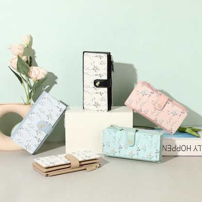 GAEKEAO Womens Wallet RFID Blocking Trifold Large Capacity Ladies Vegan Leather Wallet Floral Multi Card Holder Organizer - color: Y05-Pink