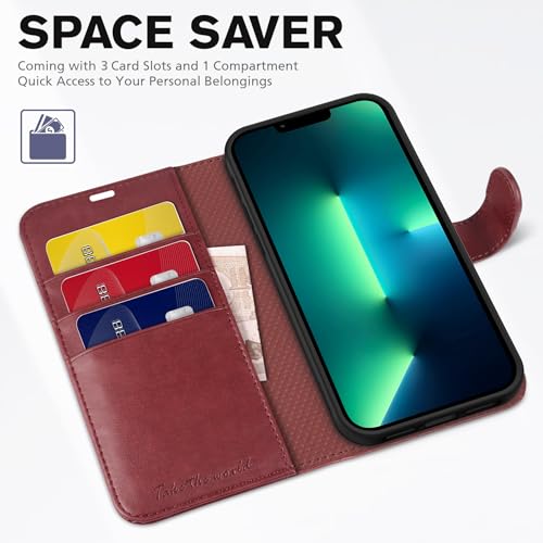TUCCH Case Wallet for iPhone 13 Pro (6.1"), RFID Blocking Folio, Dark Red | 3 Card Holders, Kickstand, PU Leather, Magnetic Closure, Shockproof TPU Shell, Protective Flip Cover - color: Dark Red