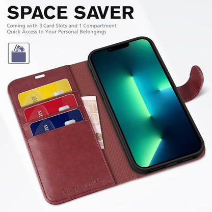 TUCCH Case Wallet for iPhone 13 Pro (6.1"), RFID Blocking Folio, Dark Red | 3 Card Holders, Kickstand, PU Leather, Magnetic Closure, Shockproof TPU Shell, Protective Flip Cover - color: Dark Red