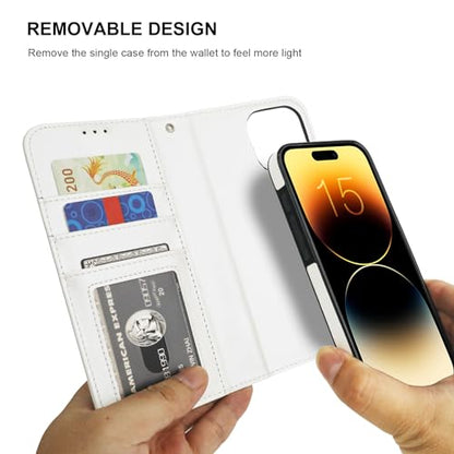 Bocasal Detachable Wallet Case Card Holder for iPhone 15 Pro Max White | RFID Blocking Kickstand Card Slots Holder PU Leather Magnetic Shockproof Wrist Strap Removable Flip Protective Cover 6.7 inch - color: White