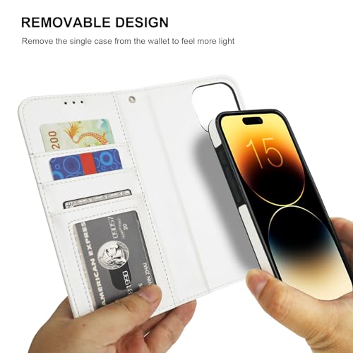 Bocasal Detachable Wallet Case Card Holder for iPhone 15 Pro Max White | RFID Blocking Kickstand Card Slots Holder PU Leather Magnetic Shockproof Wrist Strap Removable Flip Protective Cover 6.7 inch - color: White