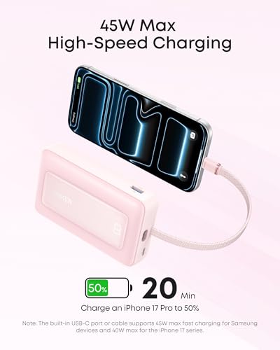 Anker Zolo Power Bank, 20,000mAh 45W Portable Charger with Built-in USB-C - color: Pink, size: Built-in C cable*1