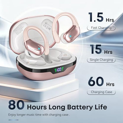 HAOYUYAN Sports Bluetooth Headphones, 80Hrs Playtime Wireless Earbuds with LED Power Display, IPX7 Waterproof Earphones for Workout/Running, Noise Canceling Headset Ear Buds