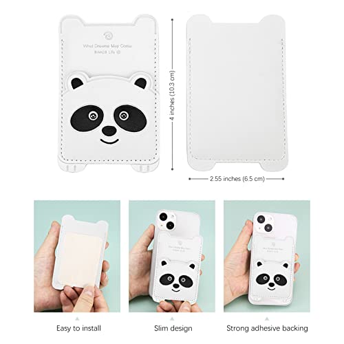 Cell Phone Wallet,White Leather Cute Panda, Secure Card Holder for iPhone, Android & Smartphones,Premium Leather,Adhesive Sleeve Pocket,Minimalist Design