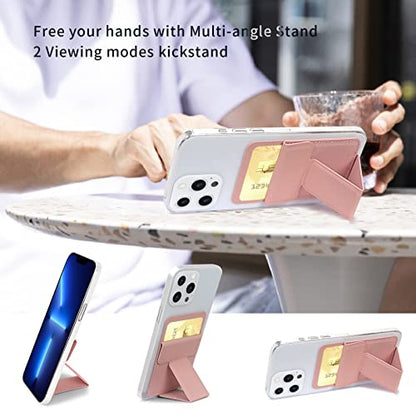 WWW Card Holder with Stand for Back of Phone,Secure Stick on Wallet,PU Leather Credit Cards Holder for Cell Phone with 3M Adhesive Sticker for Smart Phones,Pink