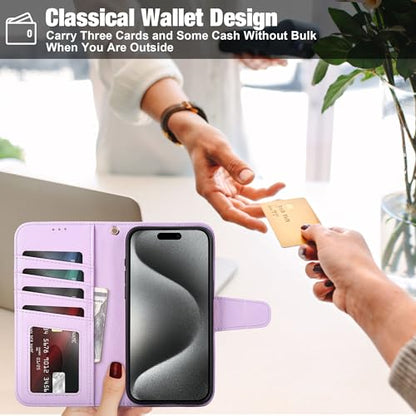 Arae Compatible with iPhone 15 Pro Max Case with Card Holder and Wrist Strap Wallet Flip Cover for iPhone 15 Pro Max 6.7 inch Men RFID Blocking Wristlet Kickstand,Litchi Lavander - color: Litchi Lavander, size: iPhone 15 Pro Max 6.7 inch
