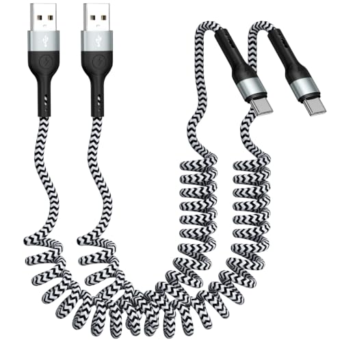 Coiled USB A to USB C Cable[3ft 2Pack],USB C Fast Charge, Car Charger for iPhone 17/16/15/Pro/Pro Max/MacBook and Samsung Galaxy S26/S25/S24/Android Devices,Durable Braid carplay Cable（White） - color: White