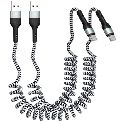 Coiled USB A to USB C Cable[3ft 2Pack],USB C Fast Charge, Car Charger for iPhone 17/16/15/Pro/Pro Max/MacBook and Samsung Galaxy S26/S25/S24/Android Devices,Durable Braid carplay Cable（White） - color: White