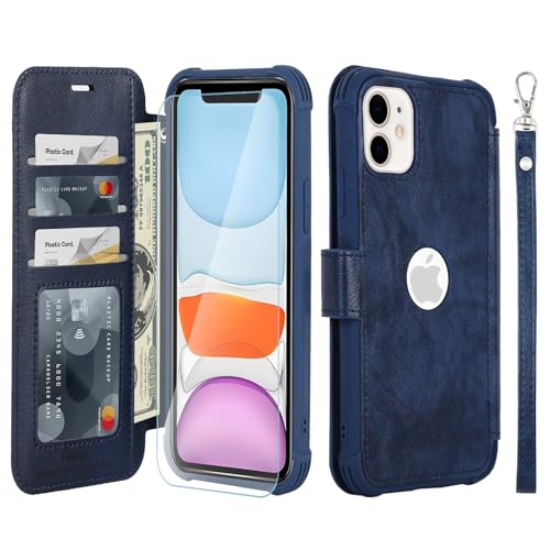 VANAVAGY Wallet Case for iPhone 11 6.1 inch, Navy Blue | 12ft Drop-proof Cover for Women Men, Silm PU Leather, RFID Blocking Card Holder, Wrist Strap, Screen Protector - color: Navy Blue