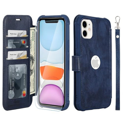 VANAVAGY Wallet Case for iPhone 11 6.1 inch, Navy Blue | 12ft Drop-proof Cover for Women Men, Silm PU Leather, RFID Blocking Card Holder, Wrist Strap, Screen Protector - color: Navy Blue