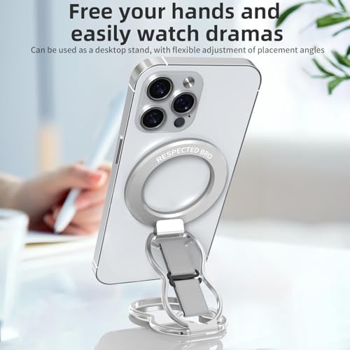 RESPECTED-BRO-Magnetic-Phone-Grip-Stand-with-Finger-Strap, 4-in-1 Magnetic Ring Holder, Kickstand and Elastic Strap for Phones, Universal Fit for iPhone 17/16/15/14/13/12, Android, and Cases (Silver) - color: Silver