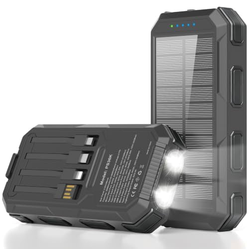 Solar Charger Power Bank 38800mAh, 22.5W USB-C Fast Charging Portable Charger with 4 Built-in Cables, External Battery Pack with Dual LED Emergency Flashlights for Camping, Hiking, Outdoor Use - color: Black