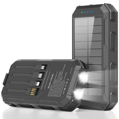 Solar Charger Power Bank 38800mAh, 22.5W USB-C Fast Charging Portable Charger with 4 Built-in Cables, External Battery Pack with Dual LED Emergency Flashlights for Camping, Hiking, Outdoor Use - color: Black