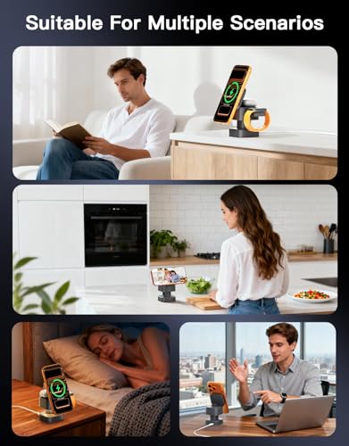 3 in 1 Wireless Charging Station, Wireless Charger with Night-Lamp & Retractable Design, Phone Wireless Charger Fast Charger for Phone 17/16/15/14/13/12/11/X Pro/Max/Plus/Watch/pods