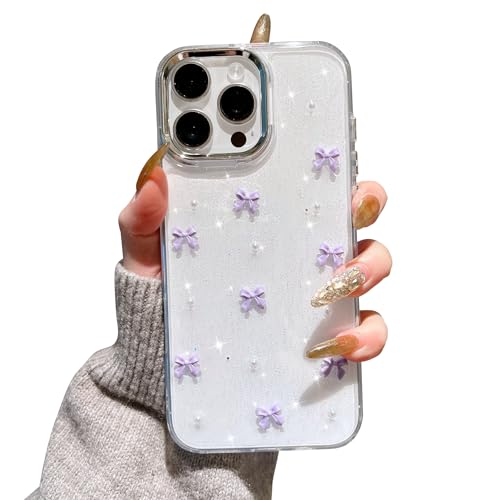 EYZUTAK Case for iPhone 12 Pro Max, Bling Glitter 3D Bowknot Phone Case Cute Sparkly Crystal Clear Bow Aesthetic Case Slim Soft Durable TPU Transparent Protective Cover for Women Girl-Purple Bow - color: Purple Bow, size: iPhone 12 Pro Max
