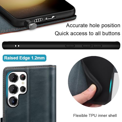 KEZiHOME Genuine Leather Wallet Case for Samsung Galaxy S25 Ultra | Navy Blue/Brown, RFID Blocking, S25 Ultra Wallet Case, Card Slot, Flip, Magnetic Stand Phone Cover Compatible with S25 Ultra - color: Navy Blue/Brown, size: Galaxy S25 Ultra Case