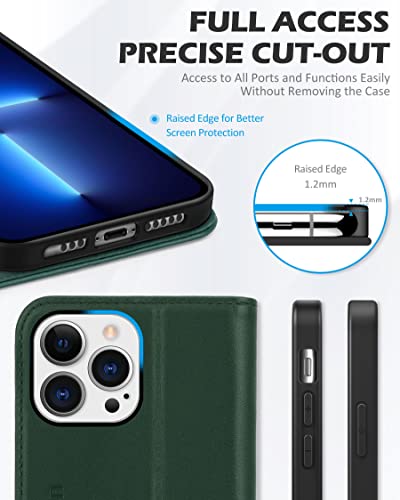 SHIELDON Genuine Leather Case Wallet for iPhone 13 Pro 6.1", Midnight Green | Folio Magnetic Closure, RFID Blocking, Credit Card Holder, Kickstand, Shock Absorbing Protective Cover - color: Midnight Green