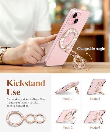 GVIEWIN Magnetic Phone Ring Holder, Compatible with MagSafe Phone Grip | Adjustable Stand, Magnet Phone Ring Kickstand, for iPhone 17/16/15/14/13/12 Pro Max Plus Air/Other Phones (Glitter/Pink Gold) - color: Glitter/Pink Gold