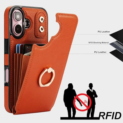 Folosu Compatible with iPhone 16 Case Wallet with Card Holder, 360°Rotation Finger Ring Holder Kickstand, RFID Blocking Leather Protective Double Buttons Shockproof Cover 6.1 Inch Brown - color: Brown