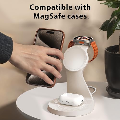 3 in 1 Charging Station for Apple Devices,Mag-Safe Charger Stand Fast Charging,Wireless Charger for iPhone 16/15/14/13/12 Series,& AirPods,& iWatch(USB Charger Included) - color: Warm Gray
