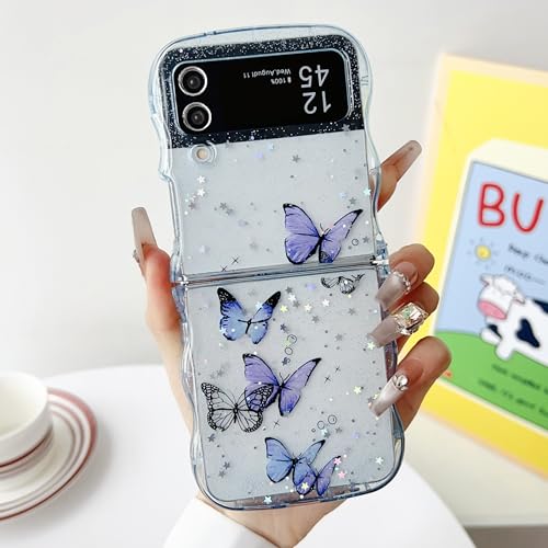 UEEBAI Wave Butterfly Case for Samsung Galaxy Z Flip 3/Z Flip 4 5G Case, Pretty Bling Star Butterfly Cute Shiny Glitter Phone Cover for Girls Bling Clear Cover Curly Shockproof Girly - Blue - color: Blue, size: Z Flip 3/Z Flip 4 5G