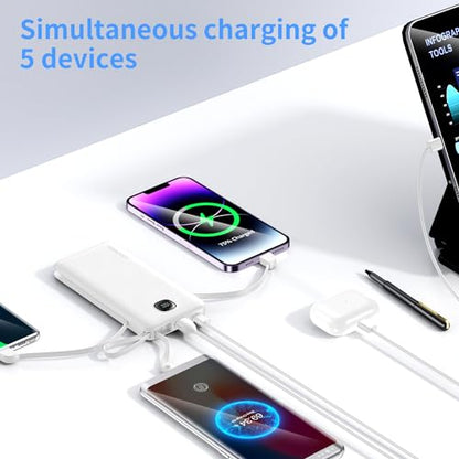 Portable Charger 10000mAh 22.5W Power Bank,Built-in 3 Cables & AC Wall Plug - color: Matte White