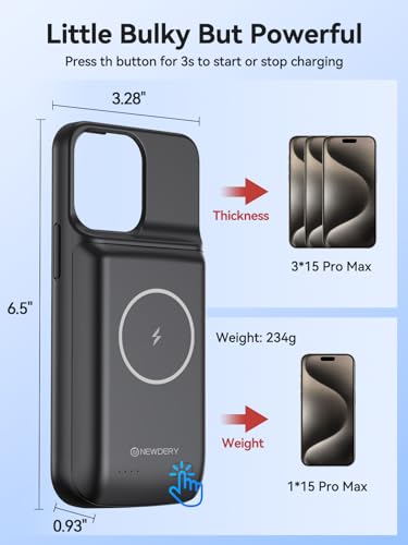 NEWDERY Battery Case for iPhone 15 Pro Max/iPhone 15 Plus, 10000mAh | Qi Wireless Charging, LED indicators, Extended Battery Pack, USB C Charger Case for iPhone 15 Pro Max/15 Plus