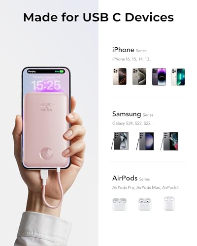 VIYISI 0.58” Slim Portable Charger Small 10000mAh with Built-in USB C Cable - color: Pink
