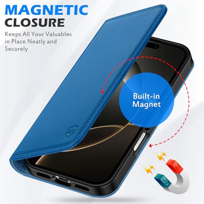 SHIELDON Real Leather Wallet Case for iPhone 16 Pro Max 6.9", Sapphire Blue | Magnetic Closure, RFID Blocking, Credit Card Holder, Viewing Stand, Foldable Design, Shockproof Protective Cover - color: Sapphire Blue