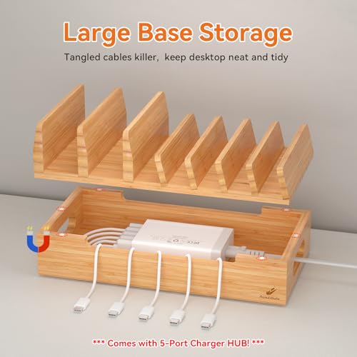 Bamboo Charging Station with 5 Port Charger HUB & 5 Cables-Natural Bamboo - color: Natural Bamboo