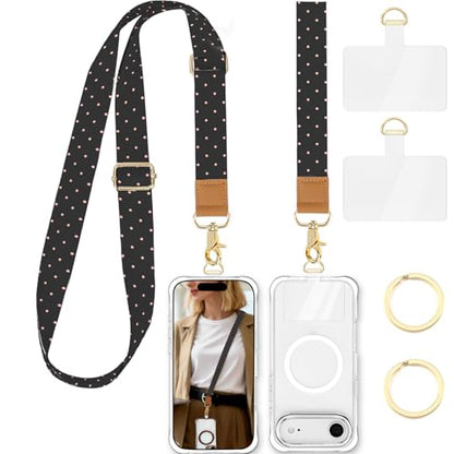 Phone Lanyard Crossbody Strap, Adjustable Neck Strap and Wristlet Strap for Phone Wallet ID Badge with 2 Phone Tabs - color: Black Pink Dots