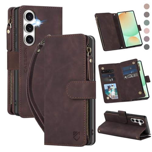 for Samsung Galaxy S24-FE-Wallet Case: with RFID Blocking Card Slots (6 Cards) | Soft PU Leather Magnetic Snap Zipper Pocket | Crossbody Wrist Strap Protective Phone Cover - Coffee - color: Coffee, size: Galaxy S24 FE（6.7‘’）