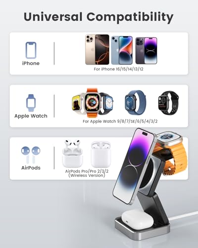 3-in-1 Wireless Charger for iPhone,15W Fast Wireless Charging Station Compatible with Mag-Safe Charger,Magnetic Foldable Travel Charger Stand Nightstand for iPhone 17/16/15/14,Apple Watch&AirPods - color: Black