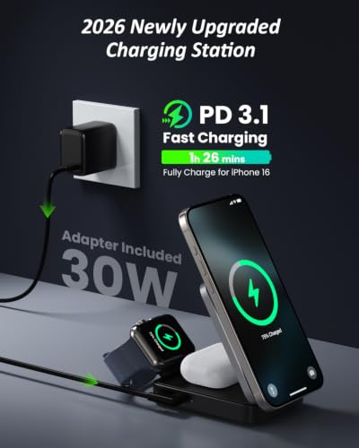 3 in 1 Wireless Charger Station for iPhone, 2026 Upgraded Travel Foldable Magnetic 15W Fast Wireless Charging Stand for Mag-Safe with 30W USB C Adapter for iPhone 17/16/15/14/13/12,Apple Watch,AirPods