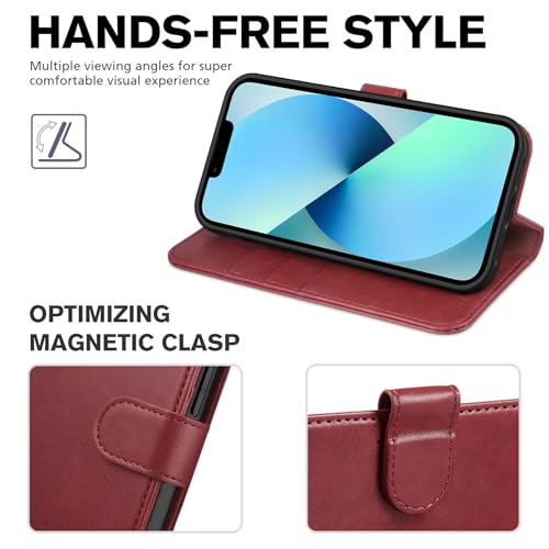 TUCCH Case Wallet for iPhone 13 (6.1") 2021, RFID Blocking Folio, Dark Red | 3 Card Holders, Kickstand, PU Leather, Magnetic Closure, Shockproof TPU Shell, Protective Flip Cover - color: Dark Red