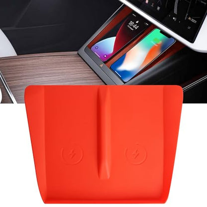 Center Console Wireless Charging Silicone Mat Compatible with Tesla Model X Model S 2023 2022 2021 Accessories Waterproof Cover Interior Pad Non-Slip Mats Phone Tray Upgrade (Red)