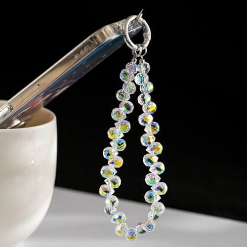 2 pcs Phone Wrist Strap Crystal Phone Charm Chain Keychain Beaded Cellphone Lanyard Detachable with 3 Tether Tab Hands-Free Wristlet Bracelet Wrist Grip for Women Girls Universal for iPhone White Pink - color: Crystal Set
