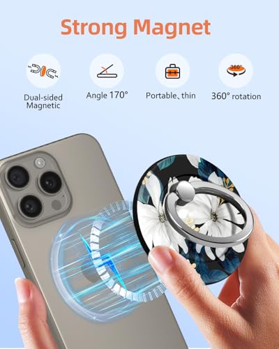 Toycamp Magnetic Phone Grip - Compatible with MagSafe Phone Grip Ring Stand for iPhone 17/16/15/14/13/12 Series White Floral Flower Cute Phone Ring Holder Grip for Women Girls Girly - color: White Flower