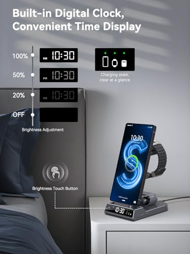 Wireless Charger for Samsung S25 with Clock 3 in 1 Android Charging Station - color: Grey