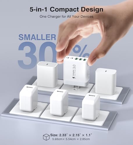 2Pack USB C Fast Charger Block, 60W 5-Port USBC Wall Charger Plug Adapter