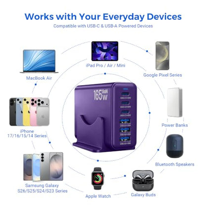 165W GaN Charging Station, 6-Port Desk Charging Station, Purple - color: Purple