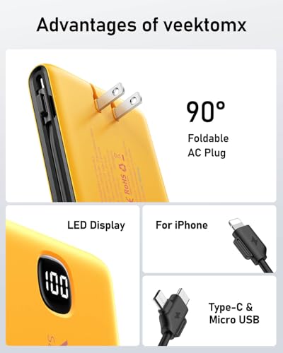 VEEKTOMX 10000mAh Portable Charger with Built-in Cables & Wall Plug - color: Saffron
