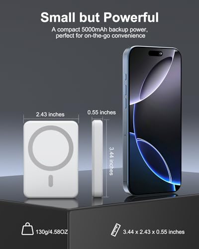 5000mAh Magnetic Portable Charger, Ultra Slim Magnetic Power Bank with USB-C Cable Compatible with iPhone 17/16/15/14/13/12 Series - color: White