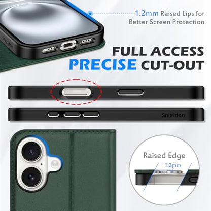 SHIELDON Genuine Leather Wallet Case for iPhone 16 6.1" 2024, Evergreen | RFID Blocking, Credit Card Holder, Magnetic Closure, Kickstand, Folio Design, Full Protection, Shockproof Phone Cover - color: Evergreen