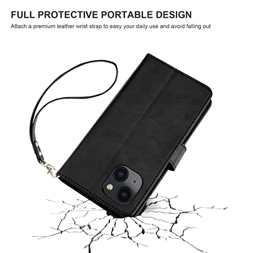 Bocasal Detachable Wallet Case Card Holder for iPhone 14, Black | RFID Blocking Kickstand Card Slots Holder PU Leather Magnetic Shockproof Wrist Strap Removable Flip Protective Cover 6.1 inch - color: Black