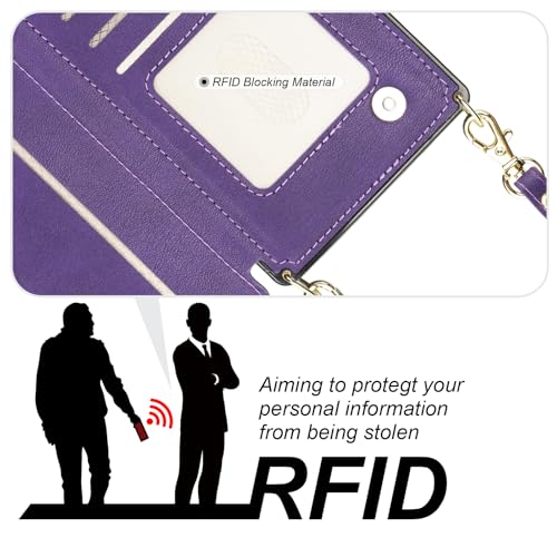 Bocasal Crossbody Wallet Case with Strap for iPhone 16 Pro Max, Purple | RFID Blocking Card Slot Holder, Magnetic Flip Folio Purse Case, PU Leather Zipper Handbag Detachable Lanyard Strap 6.9 Inch - color: Purple