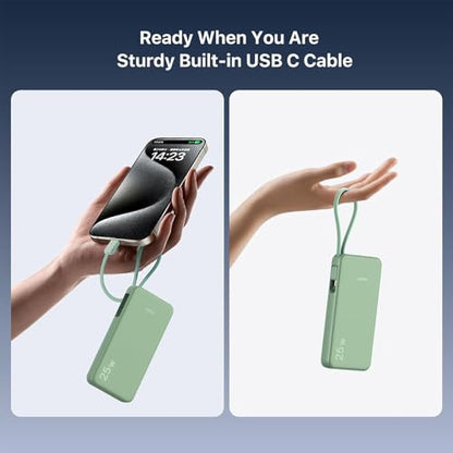 JUOVI 25W Portable Charger 10000mah Power Bank Built-in USB-C Cable - color: Green