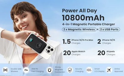 Magnetic Portable Charger for iPhone and Apple Watch, 10800mAh 25W PD Fast Charging USB C Power Bank, 4 Outputs Dual-Side Magnet Travel Essentials Battery Pack for iPhone 18/17/16/15/14/13/12 Series - color: Black