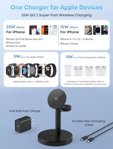 Aeinidi 25W 3 in 1 Fast Wireless Charging Station for MagSafe Charger Stand - color: Classic Black, size: 25W